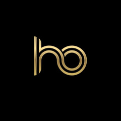 Initial lowercase letter ho, linked outline rounded logo, elegant golden color on black background