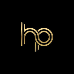 Initial lowercase letter hp, linked outline rounded logo, elegant golden color on black background