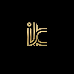 Initial lowercase letter ik, linked outline rounded logo, elegant golden color on black background