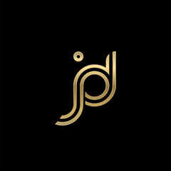 Initial lowercase letter jd, linked outline rounded logo, elegant golden color on black background