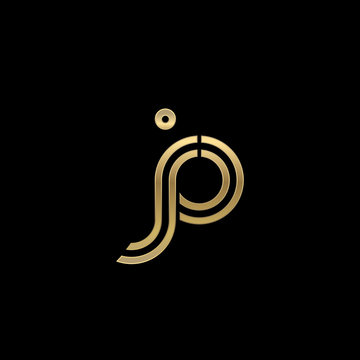Initial lowercase letter jo, linked outline rounded logo, elegant golden color on black background