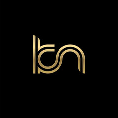 Initial lowercase letter kn, linked outline rounded logo, elegant golden color on black background