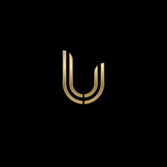 Initial lowercase letter lu, linked outline rounded logo, elegant golden color on black background