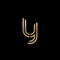 Initial lowercase letter ly, linked outline rounded logo, elegant golden color on black background - obrazy, fototapety, plakaty