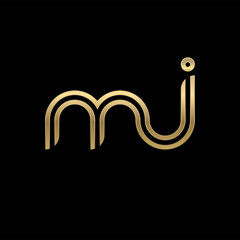 Initial lowercase letter mj, linked outline rounded logo, elegant golden color on black background