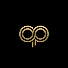 Initial lowercase letter op, linked outline rounded logo, elegant golden color on black background