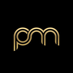 Initial lowercase letter pm, linked outline rounded logo, elegant golden color on black background