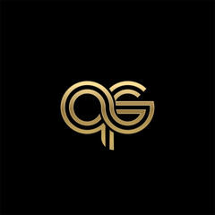 Initial lowercase letter qs, linked outline rounded logo, elegant golden color on black background