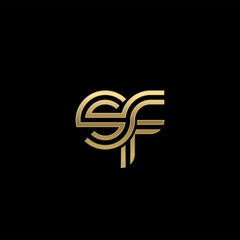 Initial lowercase letter sf, linked outline rounded logo, elegant golden color on black background