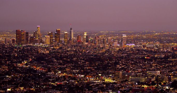 DTLA skyline view at sunset from Hollywood Hills, Los Angeles, California