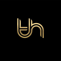 Initial lowercase letter th, linked outline rounded logo, elegant golden color on black background - obrazy, fototapety, plakaty