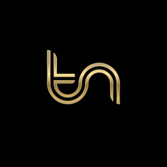 Initial lowercase letter tn, linked outline rounded logo, elegant golden color on black background