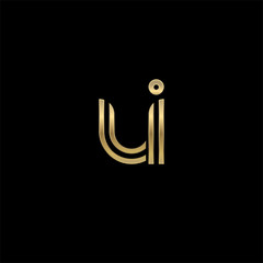 Initial lowercase letter ui, linked outline rounded logo, elegant golden color on black background