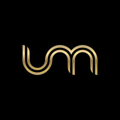 Initial lowercase letter um, linked outline rounded logo, elegant golden color on black background