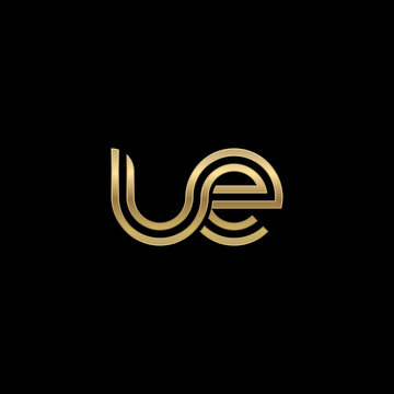 Initial lowercase letter ue, linked outline rounded logo, elegant golden color on black background
