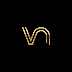 Initial lowercase letter vn, linked outline rounded logo, elegant golden color on black background