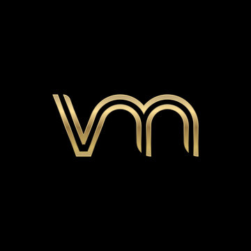 Initial lowercase letter vm, linked outline rounded logo, elegant golden color on black background