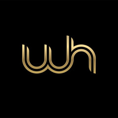 Initial lowercase letter wh, linked outline rounded logo, elegant golden color on black background