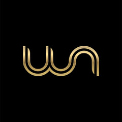 Initial lowercase letter wn, w, n, linked outline rounded logo, elegant golden color on black background