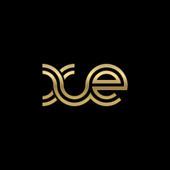 Initial lowercase letter xe, linked outline rounded logo, elegant golden color on black background