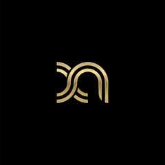 Initial lowercase letter xn, linked outline rounded logo, elegant golden color on black background