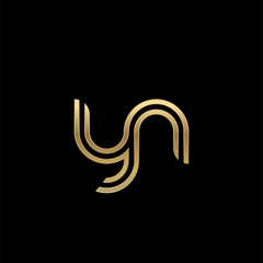 Initial lowercase letter yn, linked outline rounded logo, elegant golden color on black background - obrazy, fototapety, plakaty