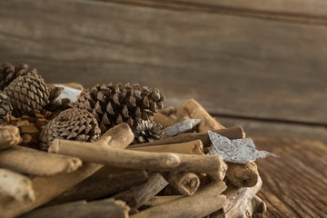 Christmas decorations on wooden table