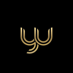 Initial lowercase letter yu, linked outline rounded logo, elegant golden color on black background
