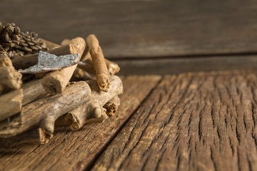 Christmas decorations on wooden table