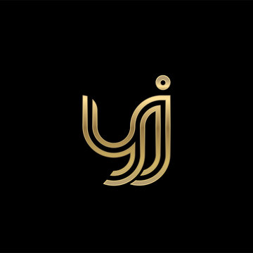 Initial lowercase letter yj, linked outline rounded logo, elegant golden color on black background