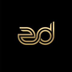 Initial lowercase letter zd, linked outline rounded logo, elegant golden color on black background