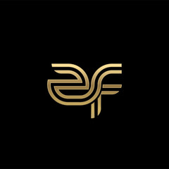 Initial lowercase letter zf, linked outline rounded logo, elegant golden color on black background