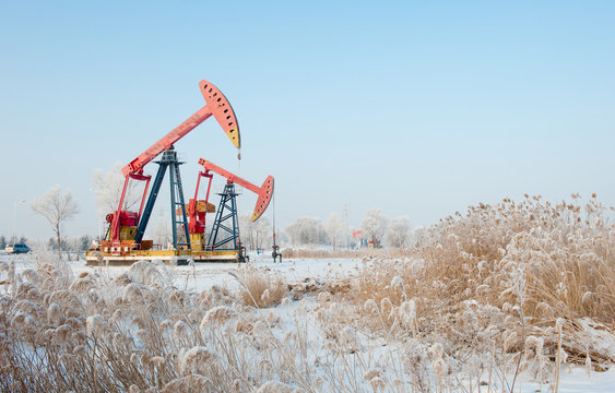 Pumpjacks in snowy field