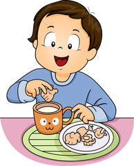 Illustration of a Cute Little Boy Dipping Animal Crackers in a H