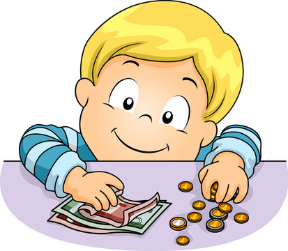 Illustration of a Cute Little Boy Counting Euros in Assorted Bil