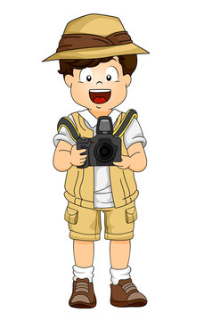 Illustration of a Little Boy in Safari Gear Using a DSLR Camera
