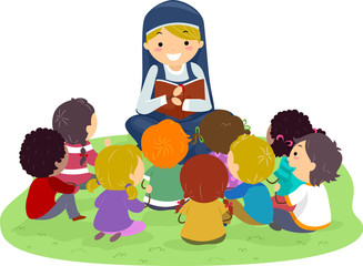 Stickman Kids Nun Bible Outdoor Illustration