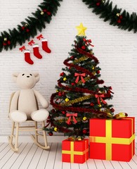 Christmas 3D rendering Decoration and Decorative wall and Portrait concept
