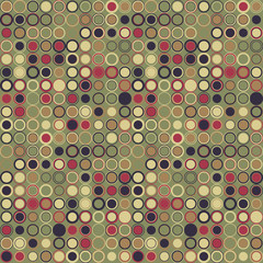 Vintage mosaic seamless pattern. Consists of geometric elements arranged on green background. The elements have round shape and different color.