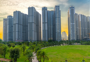 Ho Chi Minh City, Vietnam - November 30th, 2017: Panoramic skyscrapers at sunset with sky impressive in apartment, architectural extended life material development people in Ho Chi Minh City, Vietnam
