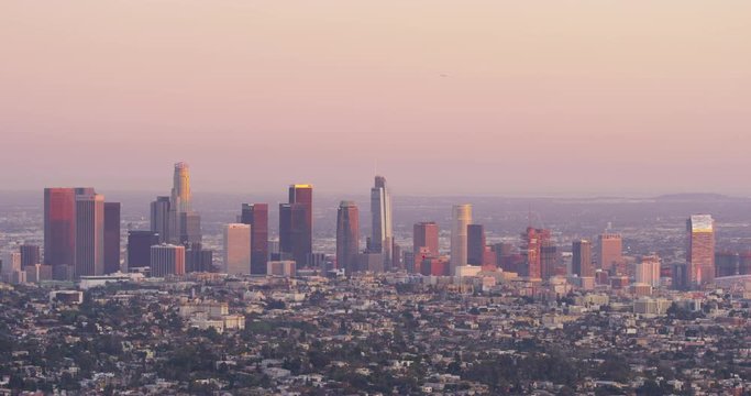 DTLA skyline view at sunset from Hollywood Hills, Los Angeles, California