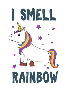 Cute unicorn sitting. I smell rainbow. Kids graphics for t-shirt