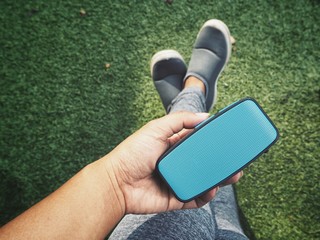 Selfie of bluetooth speaker on hand