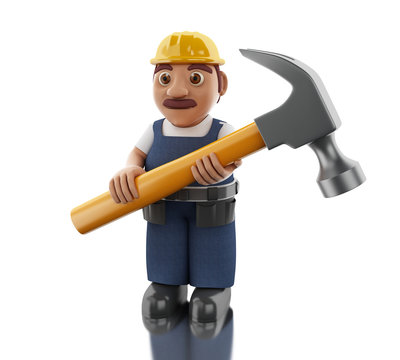 3d Worker with helment and huge hammer