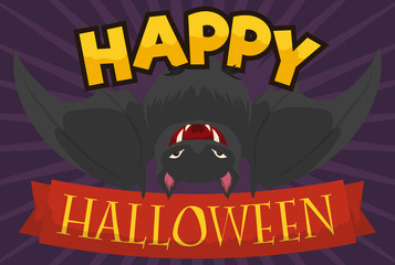 Fototapeta na wymiar Hanged Black Bat with Halloween Greeting Ribbon, Vector Illustration