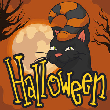 Mischievous Black Cat with Hat for Halloween Celebration, Vector Illustration