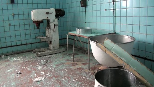Canteen dining room in Pyramiden Spitsbergen Arctic. Russian neglected township. Canned place times of Soviet Union. Time stood still of North Pole.