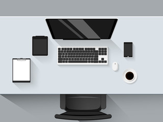 Set of Flat vector design modern business office and workspace. Top view desk. illustration