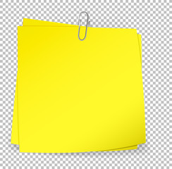 Colorful sticky notes attached with metallic paper clip on transparent background