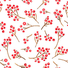 Christmas holiday decoration with branches of holly berries. Seamless watercolor pattern background